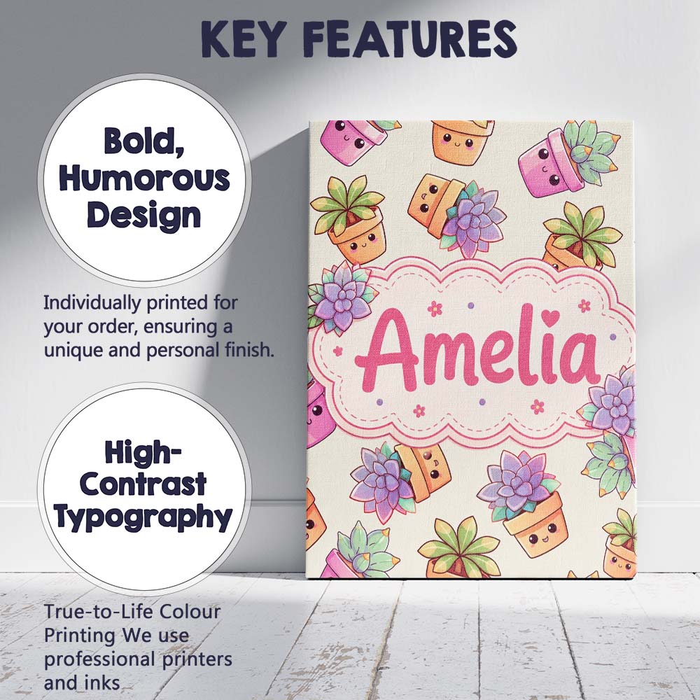 Personalised Name Cute Kawaii Succulent Custom  Modern Room Accent Elegant Feature Canvas Wall Art Print Decor Picture Ready to Hang