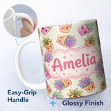 Personalized Custom Name Cute Kawaii Succulent Plant Pots Light Grey Background Seamless 11oz Ceramic Coffee Tea Mug White Large Handle