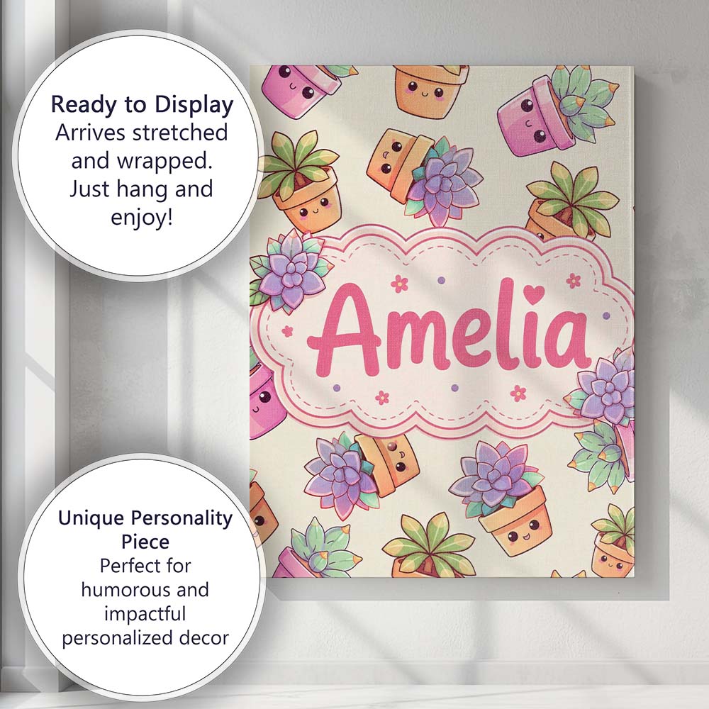 Personalised Name Cute Kawaii Succulent Custom  Modern Room Accent Elegant Feature Canvas Wall Art Print Decor Picture Ready to Hang