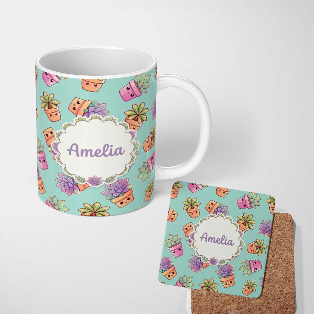 Personalized Custom Name Cute Kawaii Succulent Plant Pots Soft Mint Background Seamless 11oz Ceramic Coffee Tea Mug White Large Handle