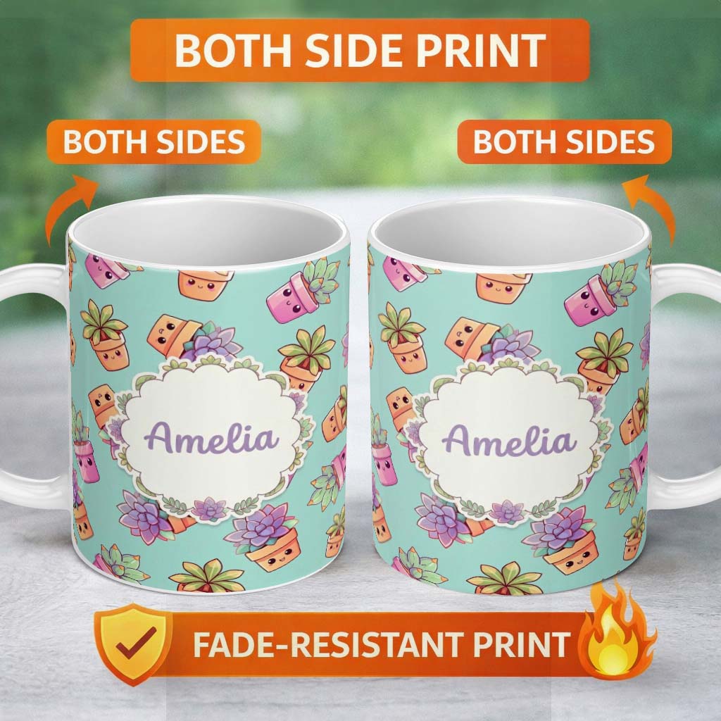 Personalized Custom Name Cute Kawaii Succulent Plant Pots Soft Mint Background Seamless 11oz Ceramic Coffee Tea Mug White Large Handle
