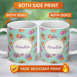 Personalized Custom Name Cute Kawaii Succulent Plant Pots Soft Mint Background Seamless 11oz Ceramic Coffee Tea Mug White Large Handle