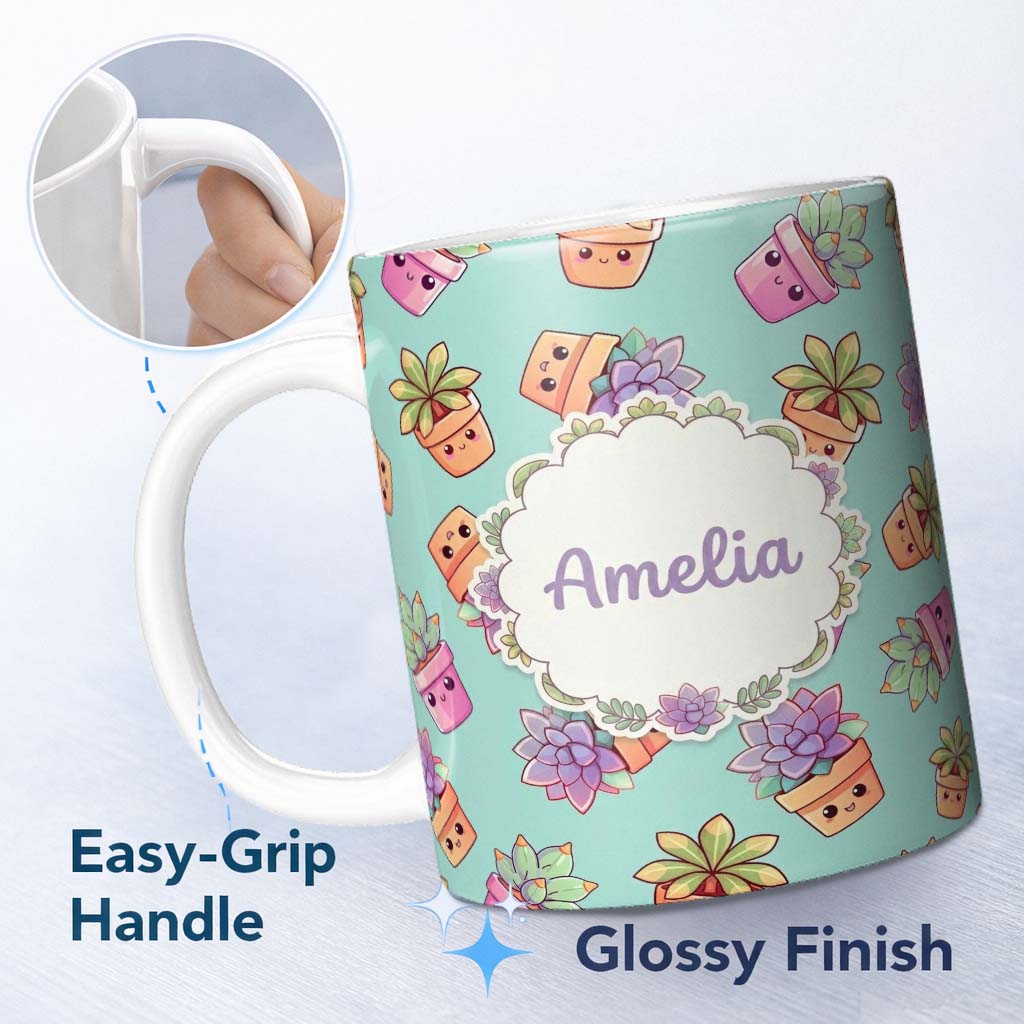 Personalized Custom Name Cute Kawaii Succulent Plant Pots Soft Mint Background Seamless 11oz Ceramic Coffee Tea Mug White Large Handle