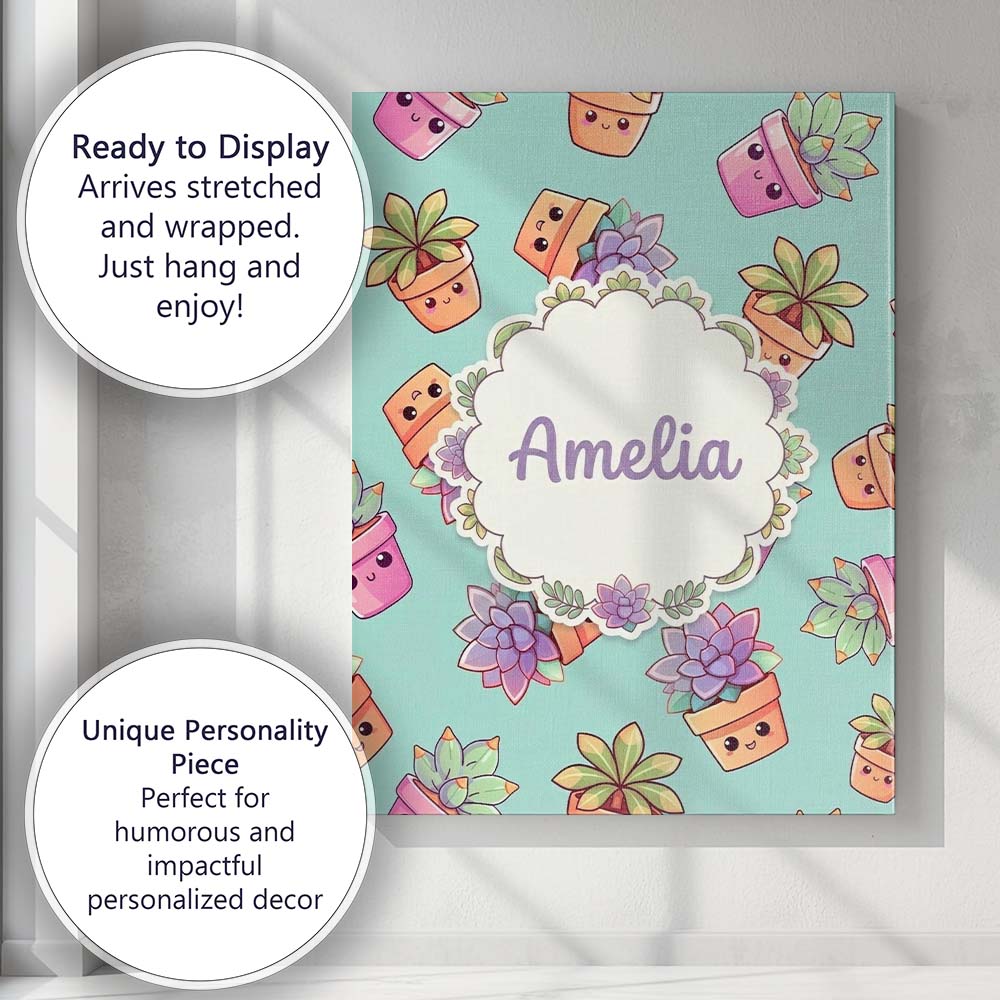 Personalised Name Cute Kawaii Succulent Custom  Modern Room Accent Elegant Feature Canvas Wall Art Print Decor Picture Ready to Hang