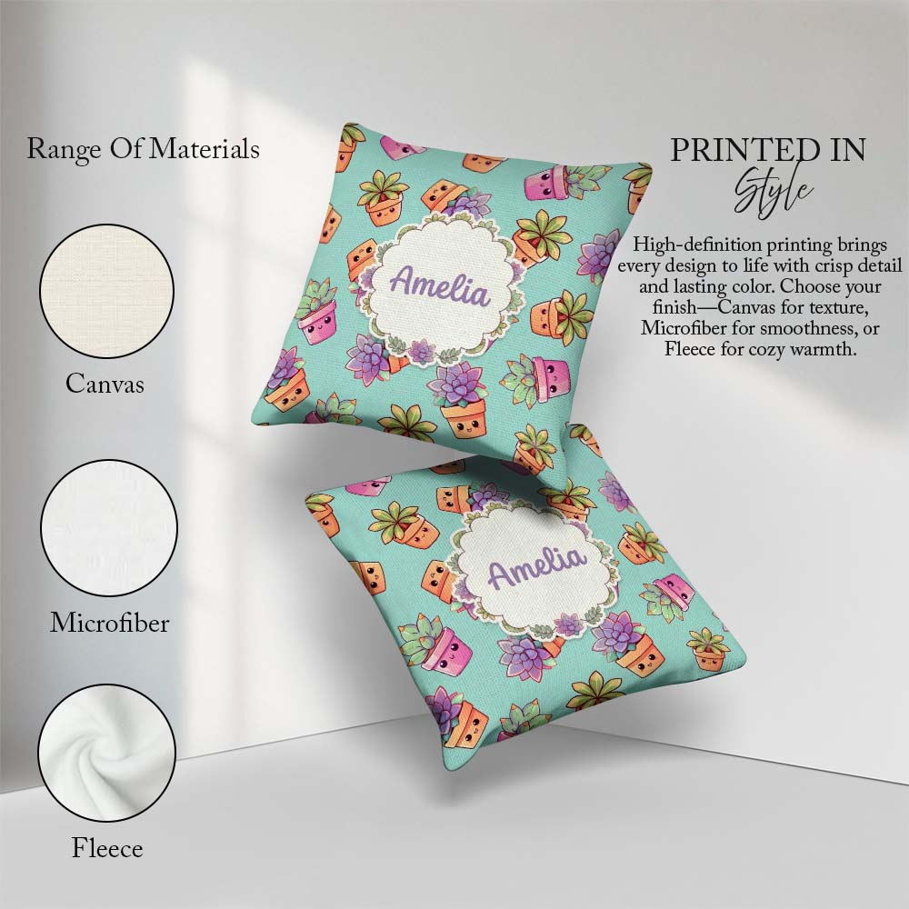 Custom Name Cute Kawaii Plant Pots Soft Mint Background Seamless Square Filled Cushion Throw Pillow Sofa Bed Home Decor Zip Washable UK Made