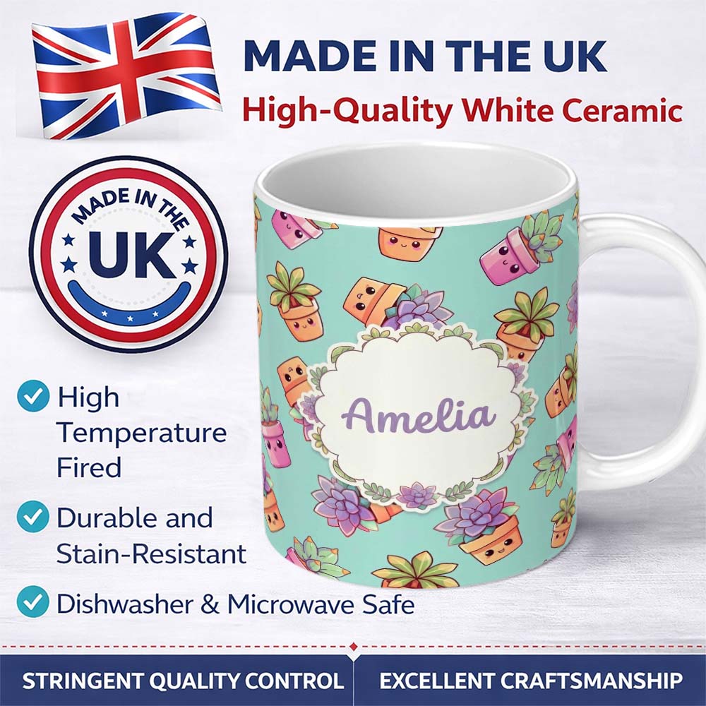 Personalized Custom Name Cute Kawaii Succulent Plant Pots Soft Mint Background Seamless 11oz Ceramic Coffee Tea Mug White Large Handle