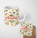 Personalized Custom Name Watercolor Christmas Gift Candle Poinsettia Bell Seamless Pattern 11oz Ceramic Coffee Tea Mug White Large Handle