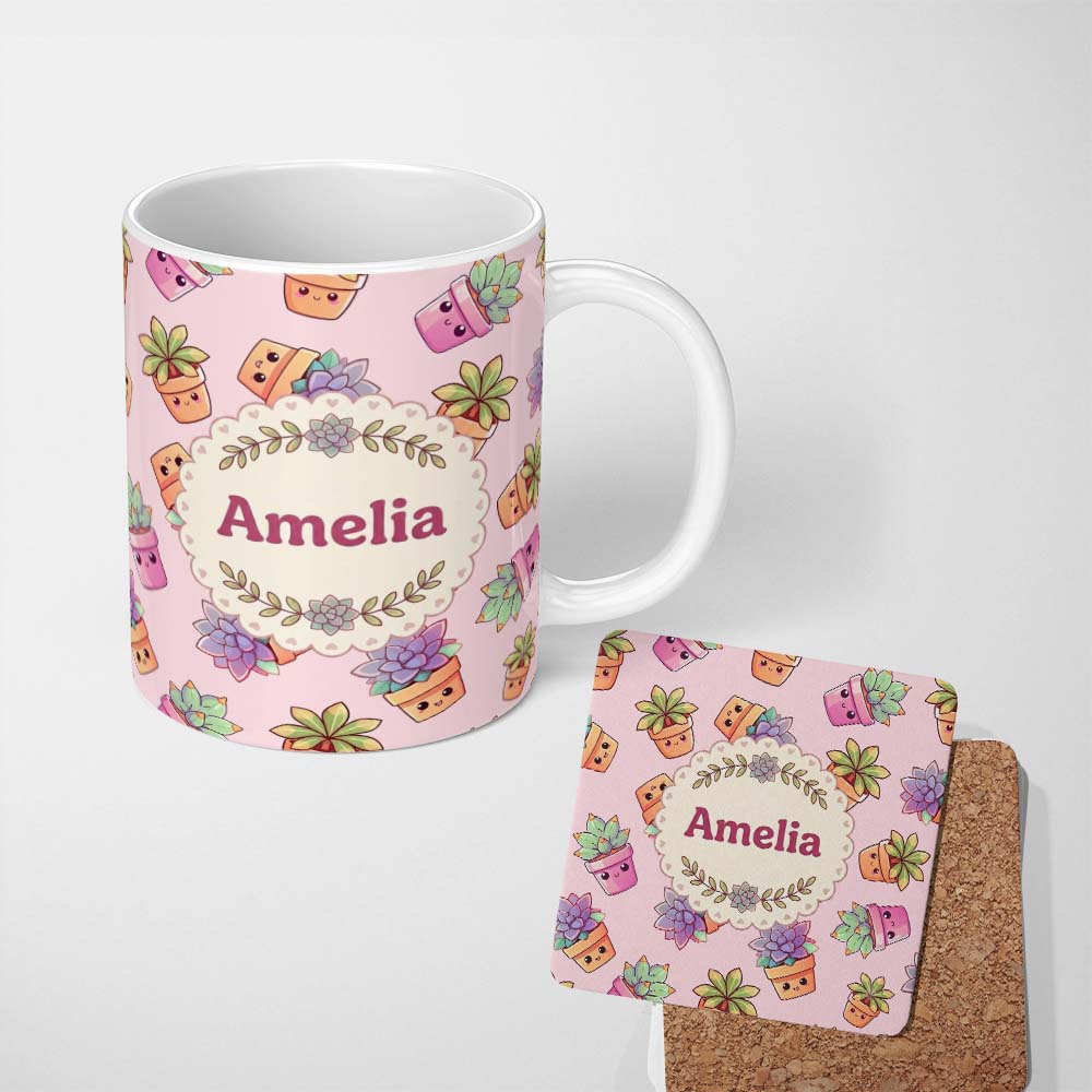 Personalized Custom Name Cute Kawaii Succulent Plant Pots Pastel Pink Background Seamless 11oz Ceramic Coffee Tea Mug White Large Handle