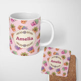 Personalized Custom Name Cute Kawaii Succulent Plant Pots Pastel Pink Background Seamless 11oz Ceramic Coffee Tea Mug White Large Handle