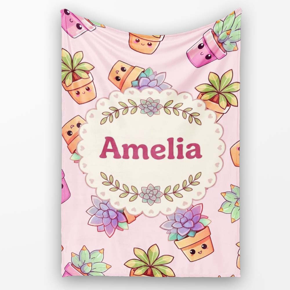 Cute Kawaii Succulent Plant Pots Pastel Pink Background Seamless  Personalised Custom Name Super Soft Fleece Blanket Bed Sofa Throw
