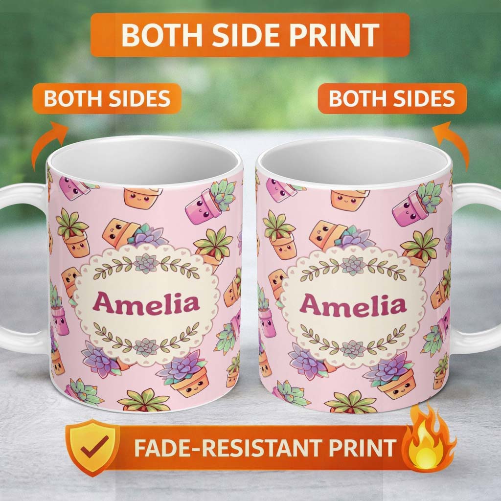 Personalized Custom Name Cute Kawaii Succulent Plant Pots Pastel Pink Background Seamless 11oz Ceramic Coffee Tea Mug White Large Handle