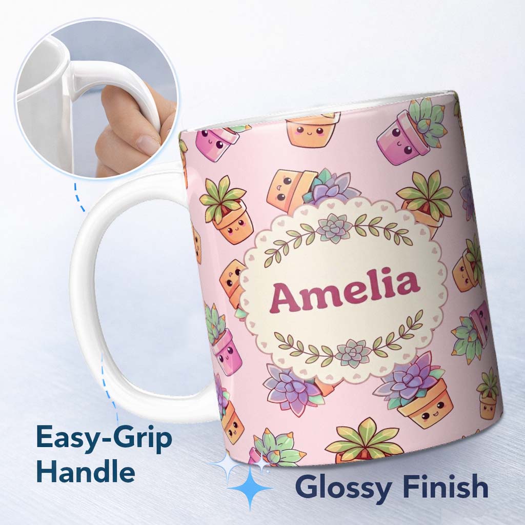 Personalized Custom Name Cute Kawaii Succulent Plant Pots Pastel Pink Background Seamless 11oz Ceramic Coffee Tea Mug White Large Handle