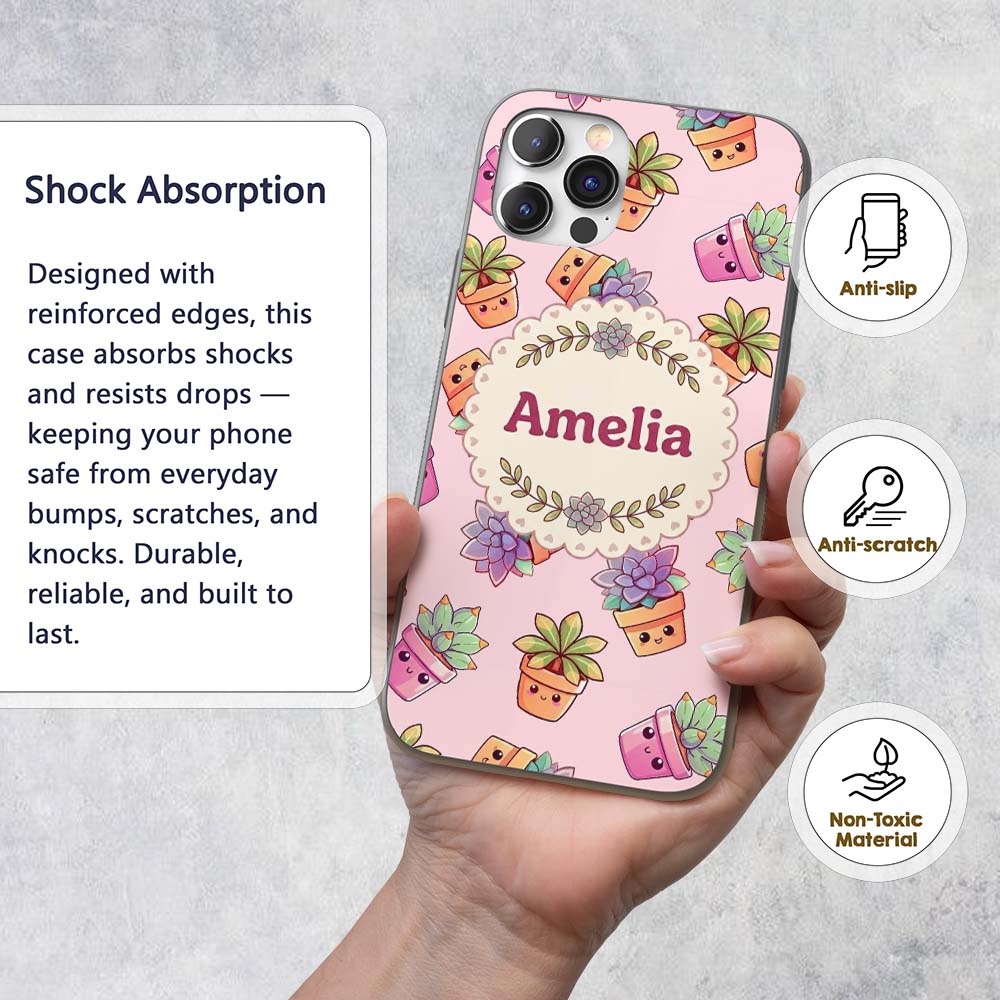 Cute Kawaii Succulent Plant Pots Pastel Pink Custom Name Protective Phone Case Mobile Cover Durable Everyday Smartphone Shock Resistant