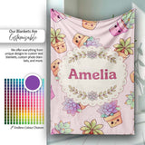 Cute Kawaii Succulent Plant Pots Pastel Pink Background Seamless  Personalised Custom Name Super Soft Fleece Blanket Bed Sofa Throw
