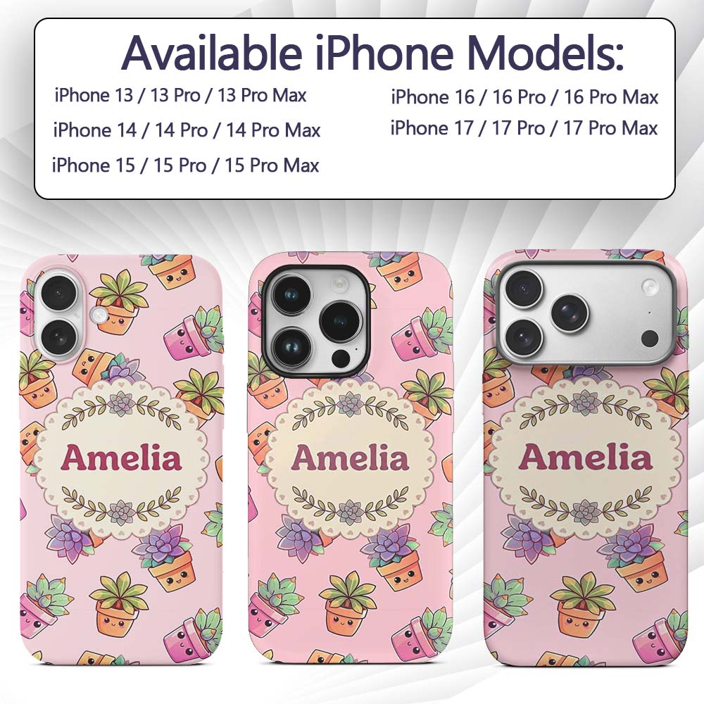 Cute Kawaii Succulent Plant Pots Pastel Pink Custom Name Protective Phone Case Mobile Cover Durable Everyday Smartphone Shock Resistant