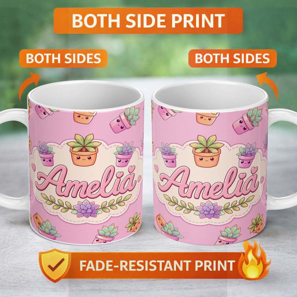 Personalized Custom Name Cute Kawaii Succulent Plant Pots Purple Background Seamless Pattern 11oz Ceramic Coffee Tea Mug White Large Handle