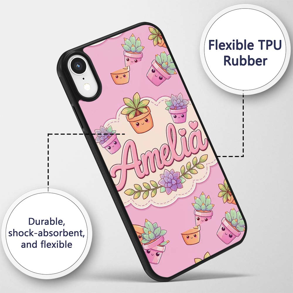 Cute Kawaii Succulent Plant Pots Printed Design Custom Name Protective Phone Case Mobile Cover Durable Everyday Smartphone Shock Resistant