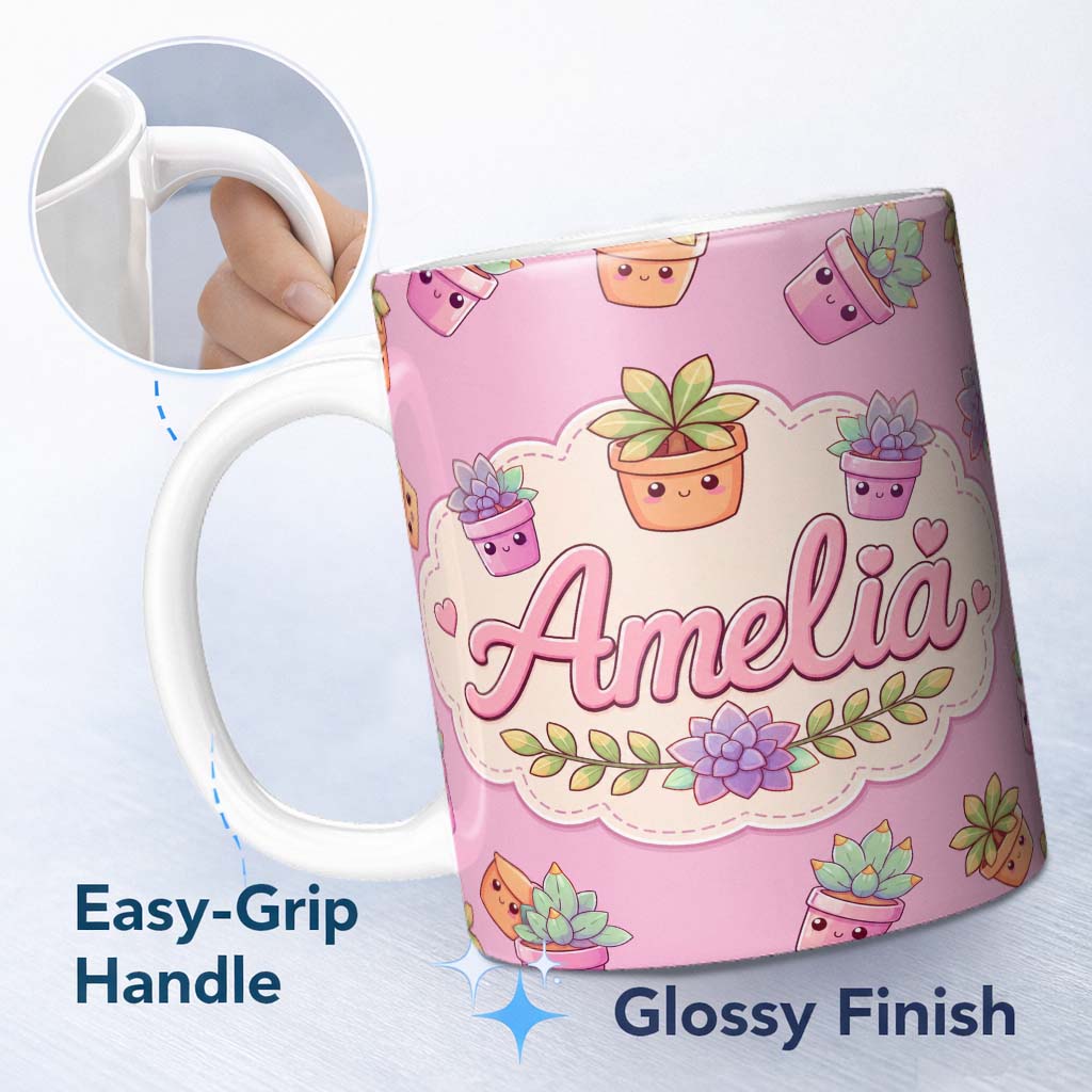 Personalized Custom Name Cute Kawaii Succulent Plant Pots Purple Background Seamless Pattern 11oz Ceramic Coffee Tea Mug White Large Handle