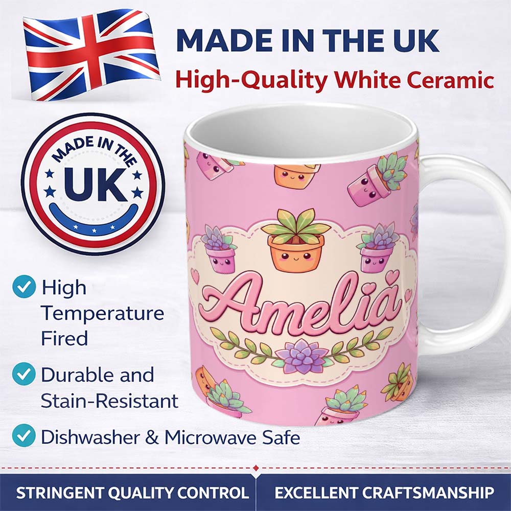 Personalized Custom Name Cute Kawaii Succulent Plant Pots Purple Background Seamless Pattern 11oz Ceramic Coffee Tea Mug White Large Handle