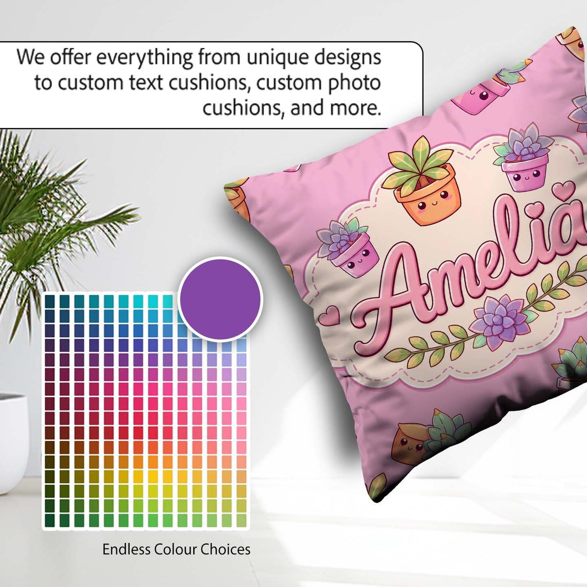 Custom Name Kawaii Plant Pots Purple Background Seamless Pattern Square Filled Cushion Throw Pillow Sofa Bed Home Decor Zip Washable UK Made