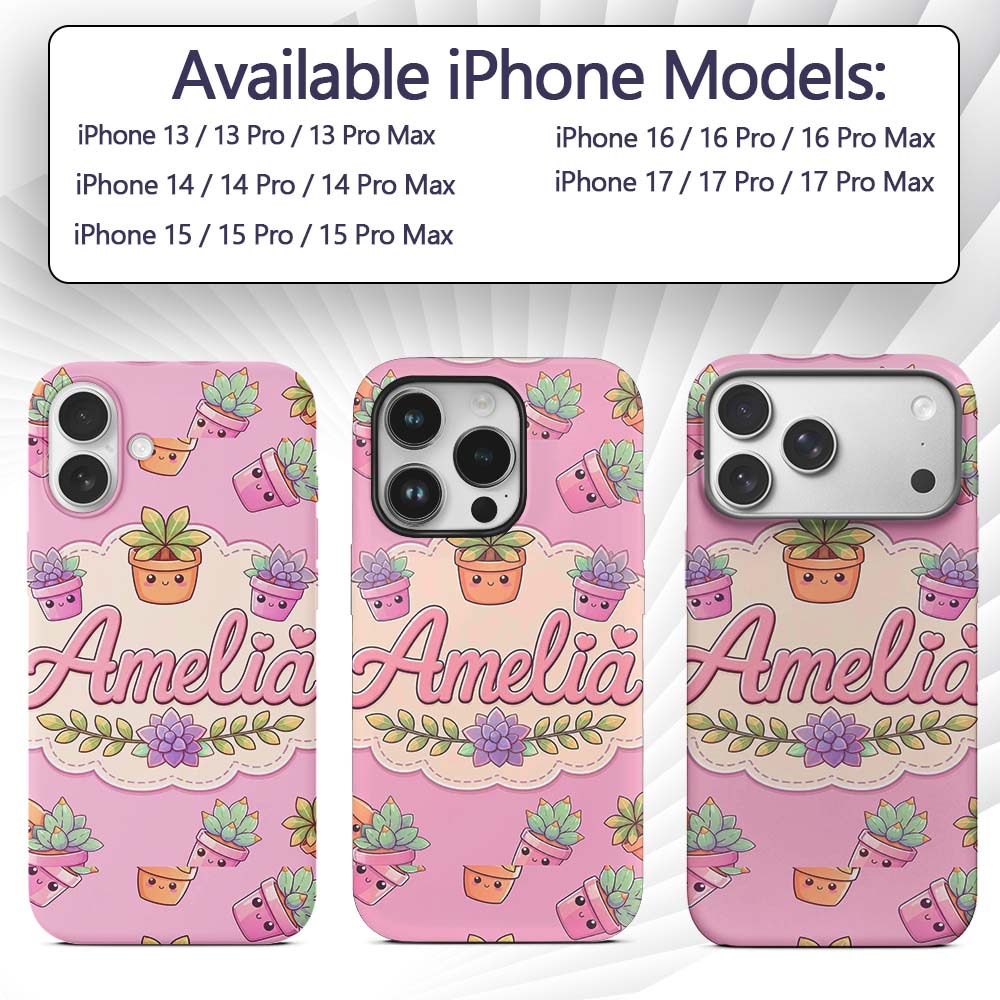 Cute Kawaii Succulent Plant Pots Printed Design Custom Name Protective Phone Case Mobile Cover Durable Everyday Smartphone Shock Resistant
