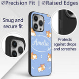 Cute Cartoon Corgi Dogs Bone Blue Background Custom Name Protective Phone Case Mobile Cover Durable Everyday Smartphone Shock Resistant
