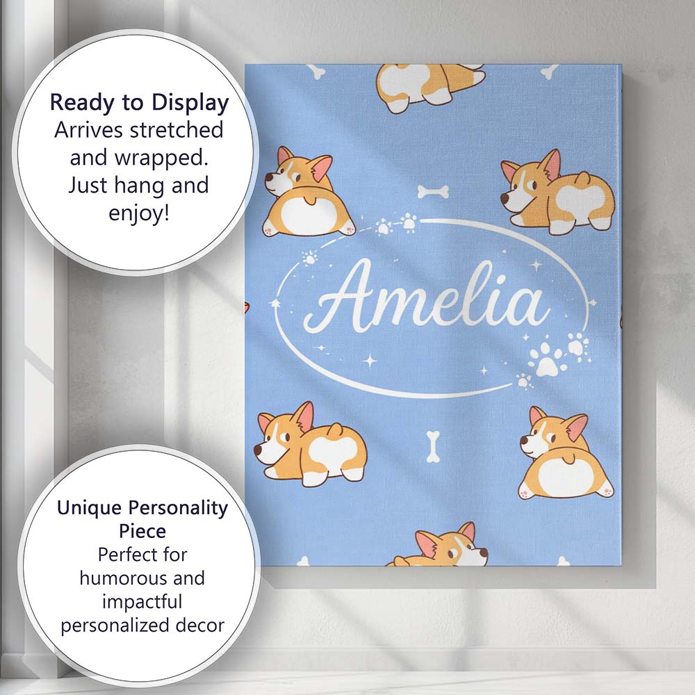 Personalised Name Cute Cartoon Corgi Dogs Bone Blue Background Custom Modern Room Accent Canvas Wall Art Print Decor Picture Ready to Hang