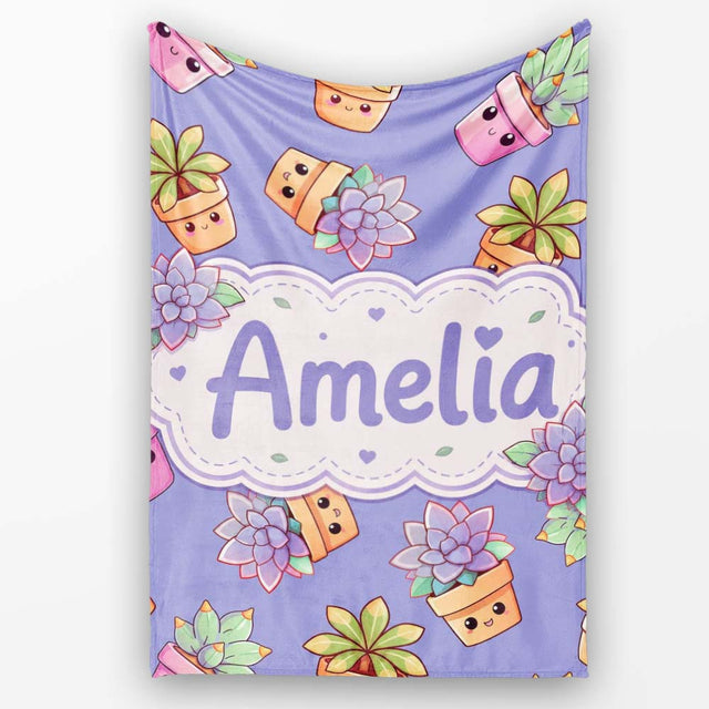 Cute Kawaii Succulent Plant Pots Lavendar Background Seamless  Personalised Custom Name Super Soft Fleece Blanket Bed Sofa Throw