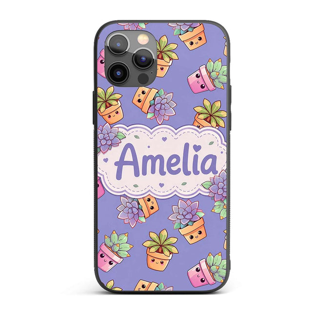 Cute Kawaii Succulent Plant Pots Printed Design Custom Name Protective Phone Case Mobile Cover Durable Everyday Smartphone Shock Resistant