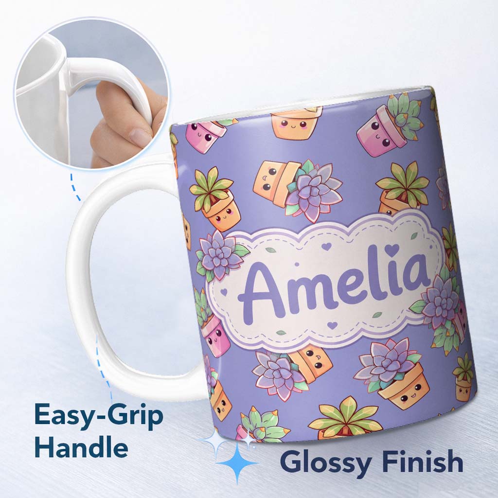 Personalized Custom Name Cute Kawaii Succulent Plant Pots Lavendar Background Seamless 11oz Ceramic Coffee Tea Mug White Large Handle
