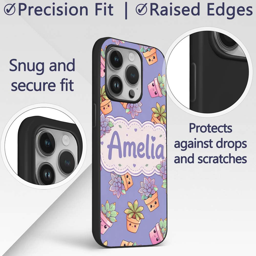 Cute Kawaii Succulent Plant Pots Printed Design Custom Name Protective Phone Case Mobile Cover Durable Everyday Smartphone Shock Resistant