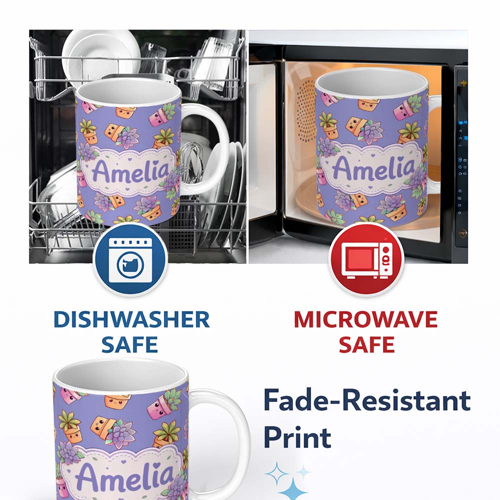 Personalized Custom Name Cute Kawaii Succulent Plant Pots Lavendar Background Seamless 11oz Ceramic Coffee Tea Mug White Large Handle