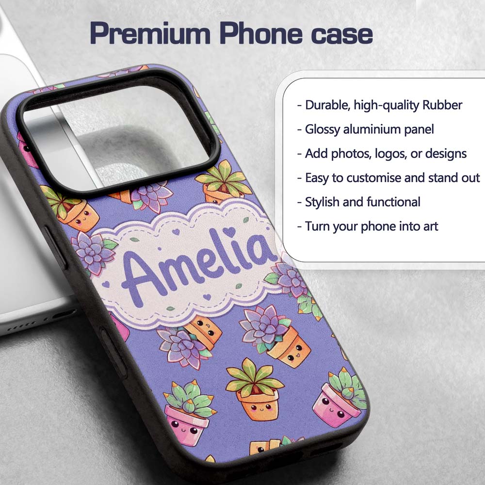 Cute Kawaii Succulent Plant Pots Printed Design Custom Name Protective Phone Case Mobile Cover Durable Everyday Smartphone Shock Resistant