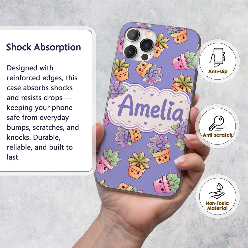 Cute Kawaii Succulent Plant Pots Printed Design Custom Name Protective Phone Case Mobile Cover Durable Everyday Smartphone Shock Resistant