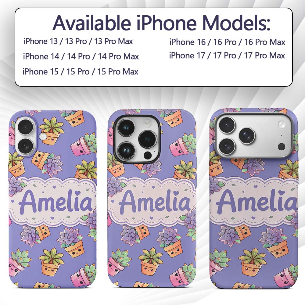 Cute Kawaii Succulent Plant Pots Printed Design Custom Name Protective Phone Case Mobile Cover Durable Everyday Smartphone Shock Resistant