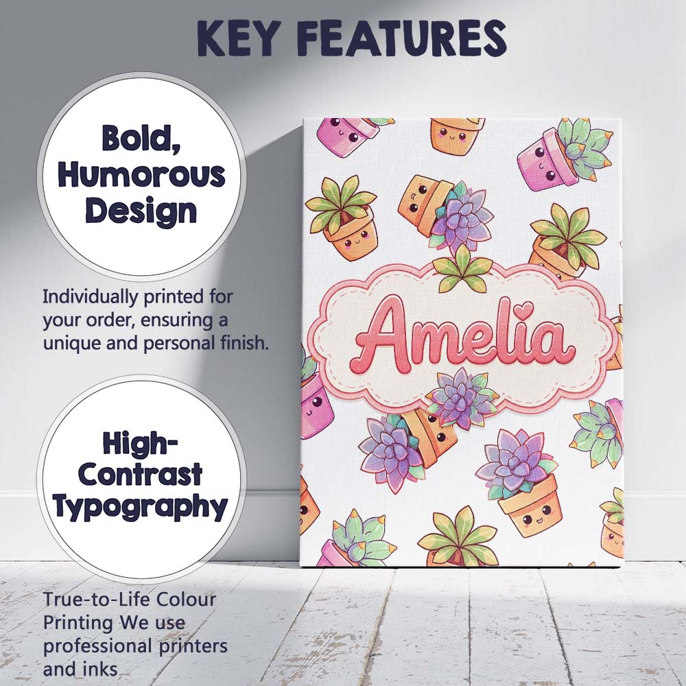 Personalised Name Cute Kawaii Succulent Custom  Modern Room Accent Elegant Feature Canvas Wall Art Print Decor Picture Ready to Hang