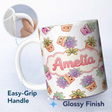 Personalized Custom Name Cute Kawaii Succulent Plant Pots Light Grey Background Seamless 11oz Ceramic Coffee Tea Mug White Large Handle