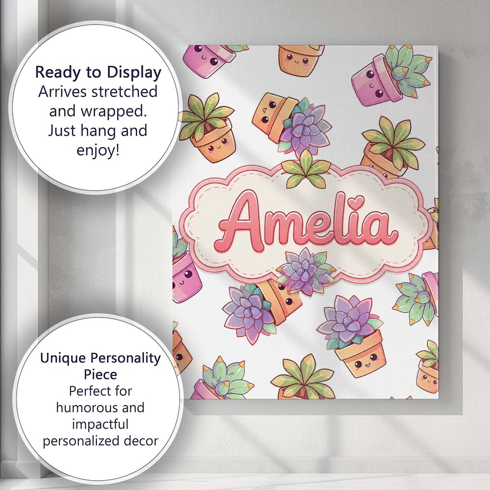 Personalised Name Cute Kawaii Succulent Custom  Modern Room Accent Elegant Feature Canvas Wall Art Print Decor Picture Ready to Hang