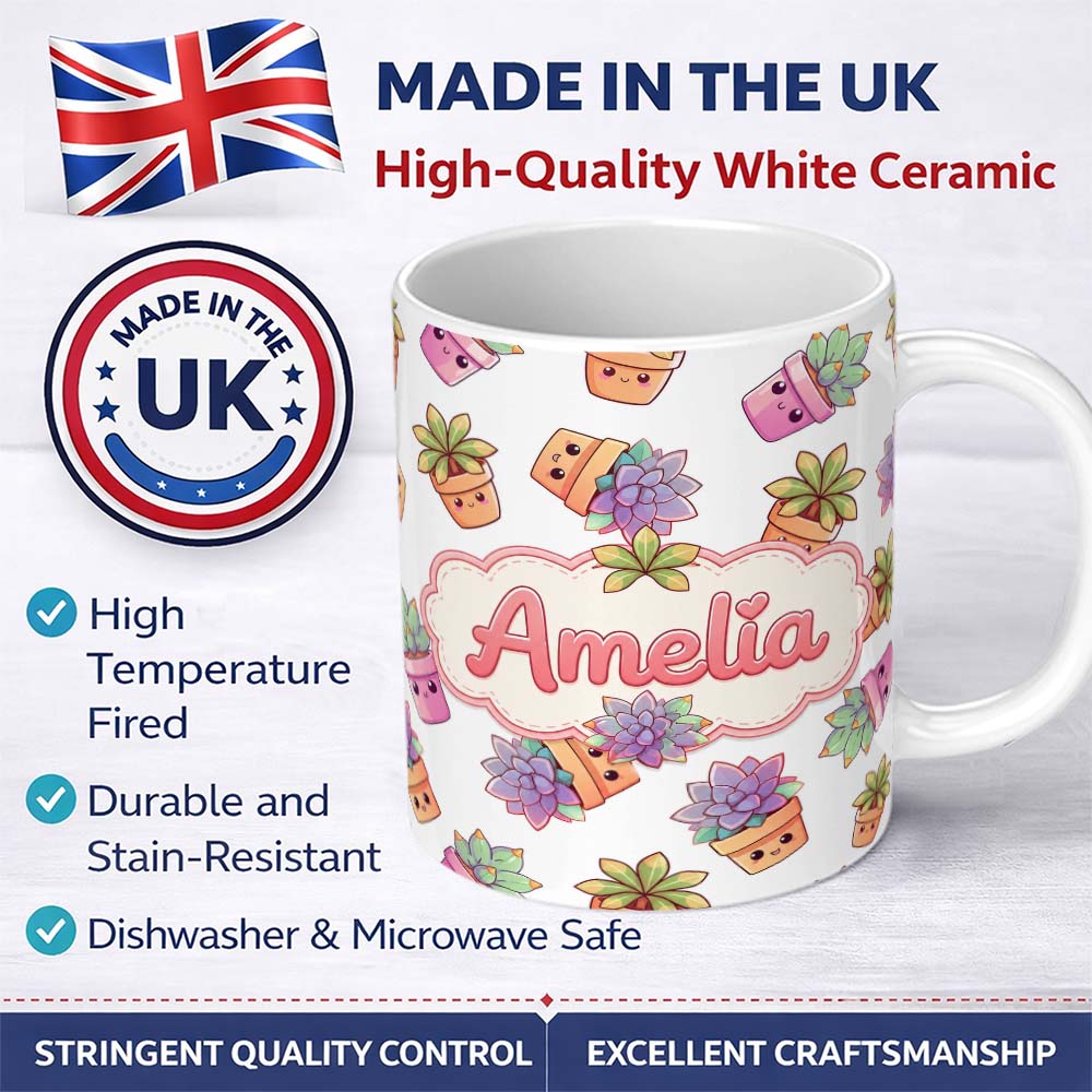 Personalized Custom Name Cute Kawaii Succulent Plant Pots Light Grey Background Seamless 11oz Ceramic Coffee Tea Mug White Large Handle