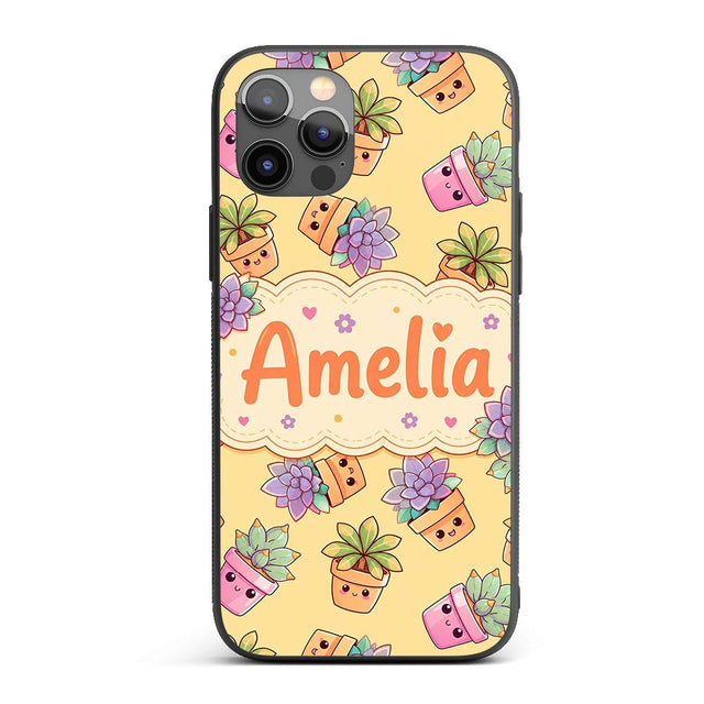 Cute Kawaii Succulent Plant Pots Soft Yellow Custom Name Protective Phone Case Mobile Cover Durable Everyday Smartphone Shock Resistant