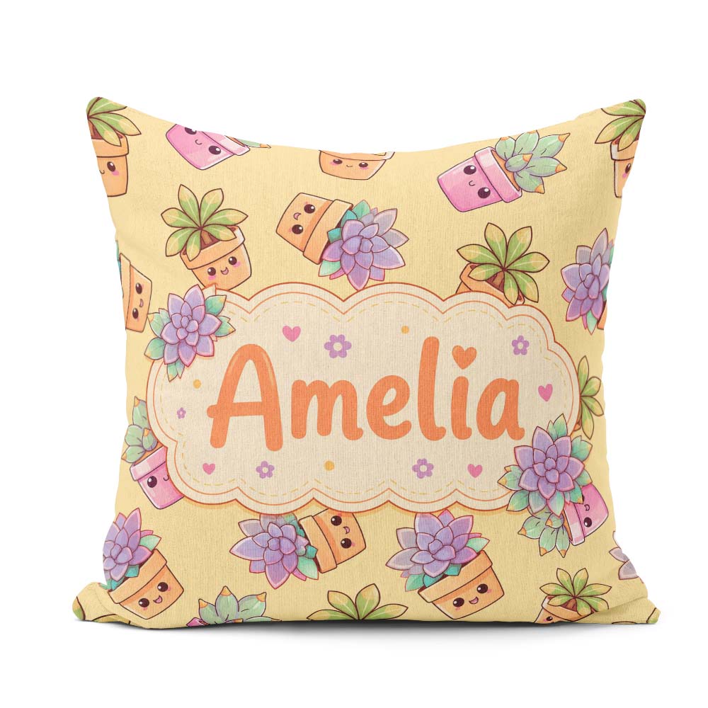 Custom Name Kawaii Succulent Plant Pots Soft Background Seamless Square Filled Cushion Throw Pillow Sofa Bed Home Decor Zip Washable UK Made