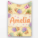 Cute Kawaii Succulent Plant Pots Soft Yellow Background Seamless  Personalised Custom Name Super Soft Fleece Blanket Bed Sofa Throw
