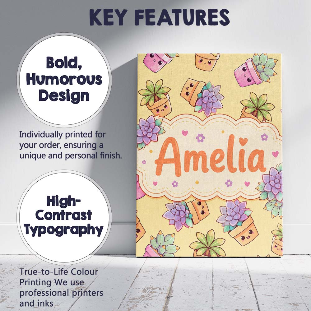 Personalised Name Cute Kawaii Succulent Custom  Modern Room Accent Elegant Feature Canvas Wall Art Print Decor Picture Ready to Hang