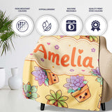 Cute Kawaii Succulent Plant Pots Soft Yellow Background Seamless  Personalised Custom Name Super Soft Fleece Blanket Bed Sofa Throw