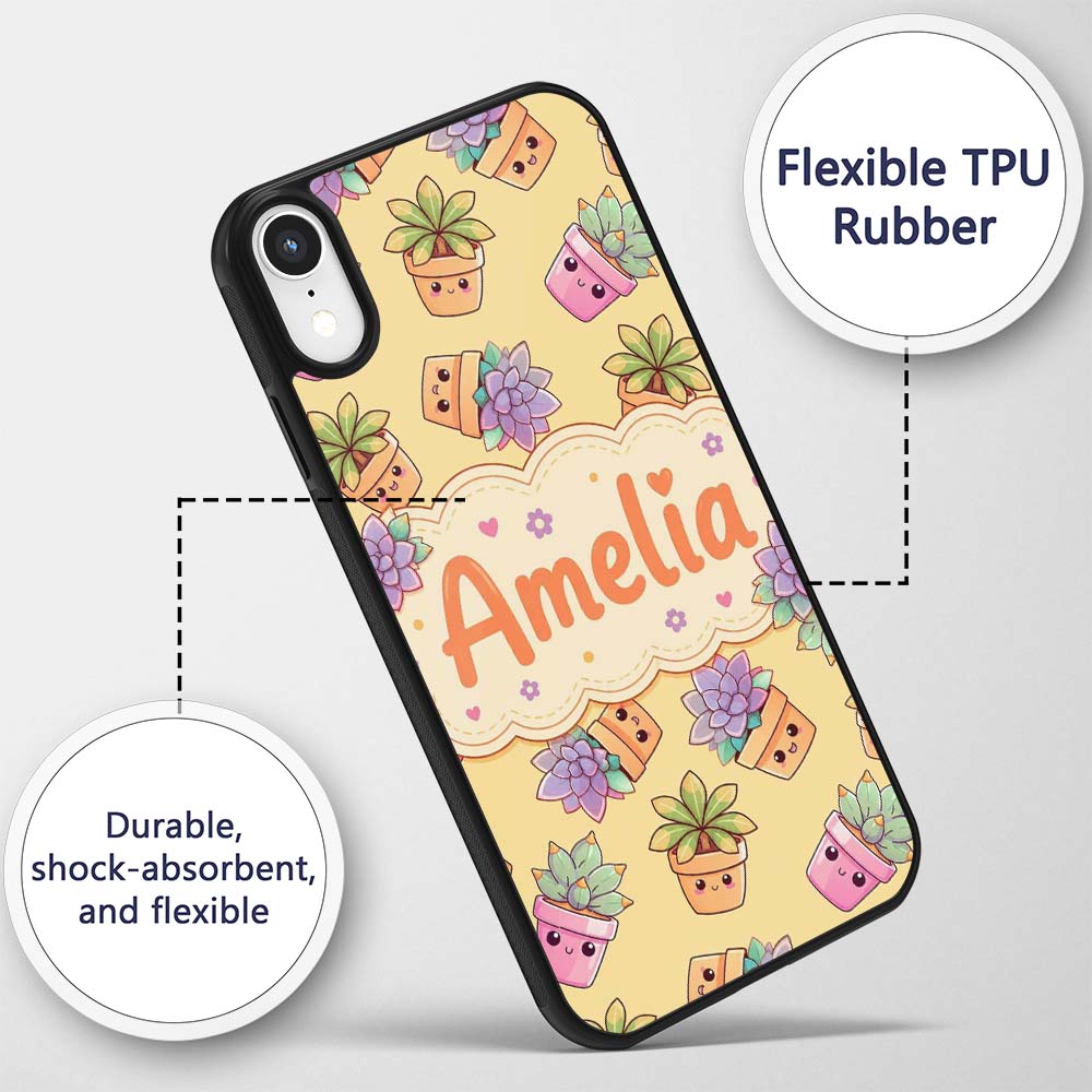 Cute Kawaii Succulent Plant Pots Soft Yellow Custom Name Protective Phone Case Mobile Cover Durable Everyday Smartphone Shock Resistant