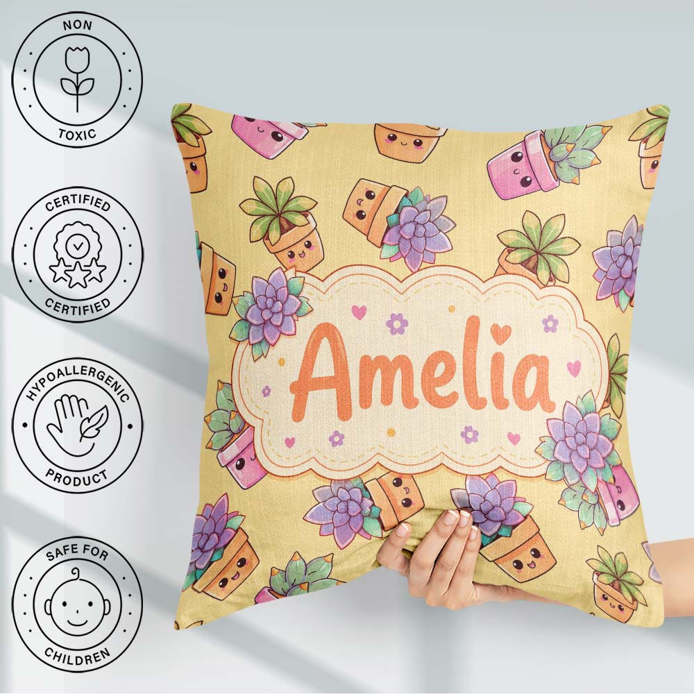 Custom Name Kawaii Succulent Plant Pots Soft Background Seamless Square Filled Cushion Throw Pillow Sofa Bed Home Decor Zip Washable UK Made