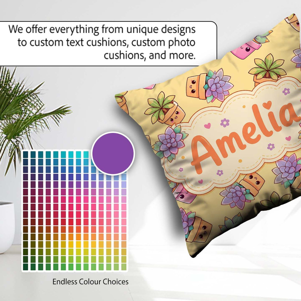 Custom Name Kawaii Succulent Plant Pots Soft Background Seamless Square Filled Cushion Throw Pillow Sofa Bed Home Decor Zip Washable UK Made