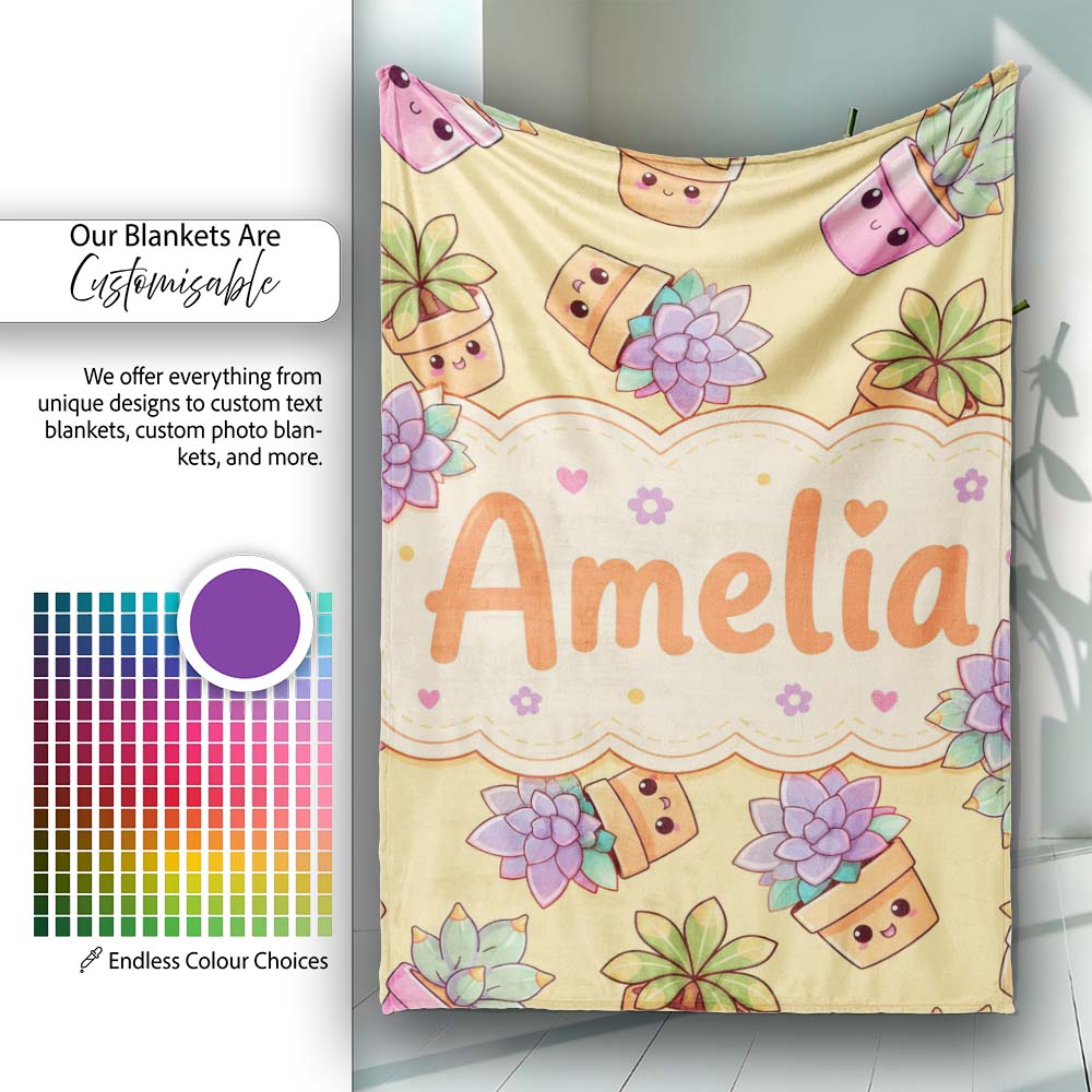 Cute Kawaii Succulent Plant Pots Soft Yellow Background Seamless  Personalised Custom Name Super Soft Fleece Blanket Bed Sofa Throw