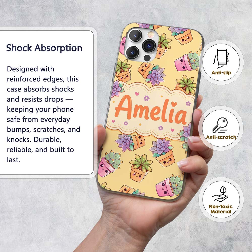 Cute Kawaii Succulent Plant Pots Soft Yellow Custom Name Protective Phone Case Mobile Cover Durable Everyday Smartphone Shock Resistant