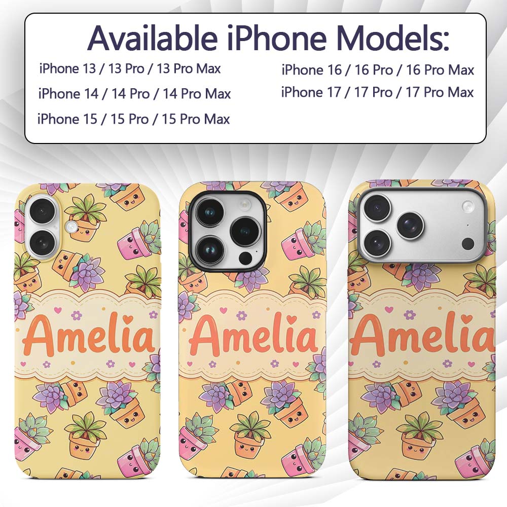 Cute Kawaii Succulent Plant Pots Soft Yellow Custom Name Protective Phone Case Mobile Cover Durable Everyday Smartphone Shock Resistant